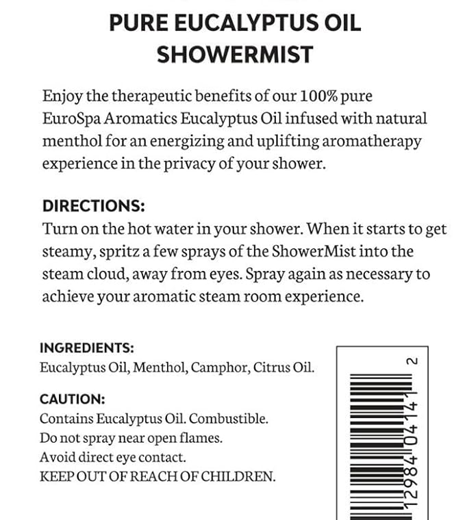 EuroSpa Aromatics Pure Eucalyptus Oil ShowerMist and Steam Room Spray, All-Natural Premium Aromatherapy Essential Oils - Mint Infused, 2oz