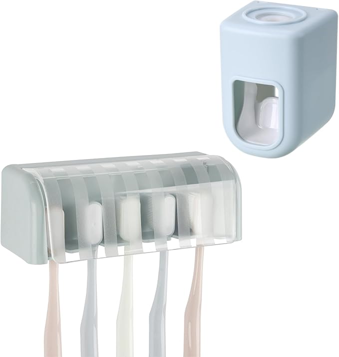 5 Slots Wall Mount Toothbrush Holder with Cover, Self Adhesive Toothbrush Storage Organizer for Shower, Toothbrush Hanger with Automatic Toothpaste Squeezer Dispenser (Blue)