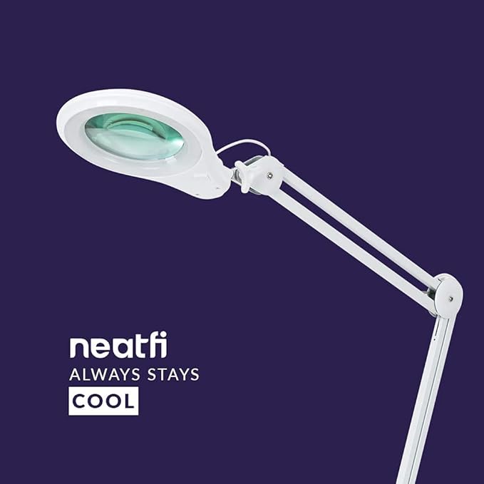 Neatfi 1,200 Lumens Super LED Magnifying Lamp with Clamp, Dimmable, Includes Microfiber Cleaning Cloth, 5 Inch Diameter Lens for Reading, Sewing, Crafting (White, 5 Diopter)