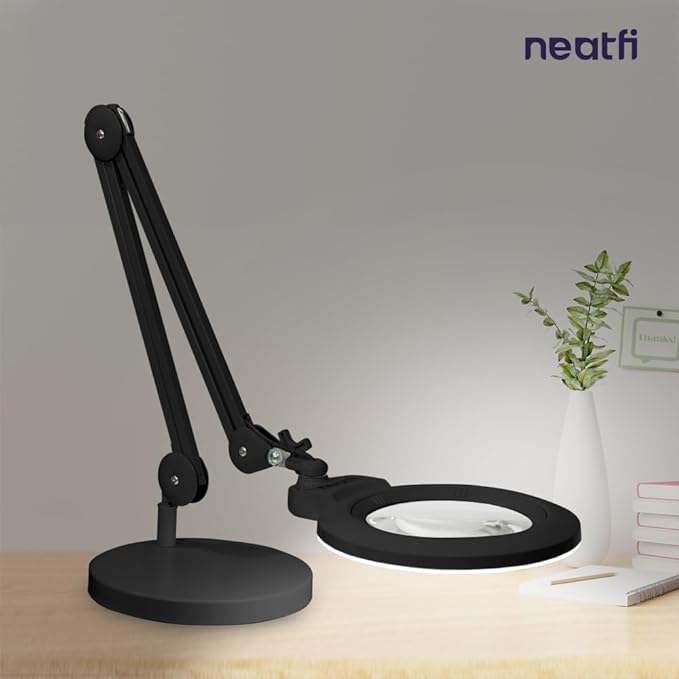 Neatfi XL Bifocal LED Magnifying Lamp, 7-Inch Acrylic Lens, 5D/20D Magnification, Hands-Free, Dimmable, 84 SMD LED, Adjustable Arm for Crafts, Reading, Close Work (Black, with Base)
