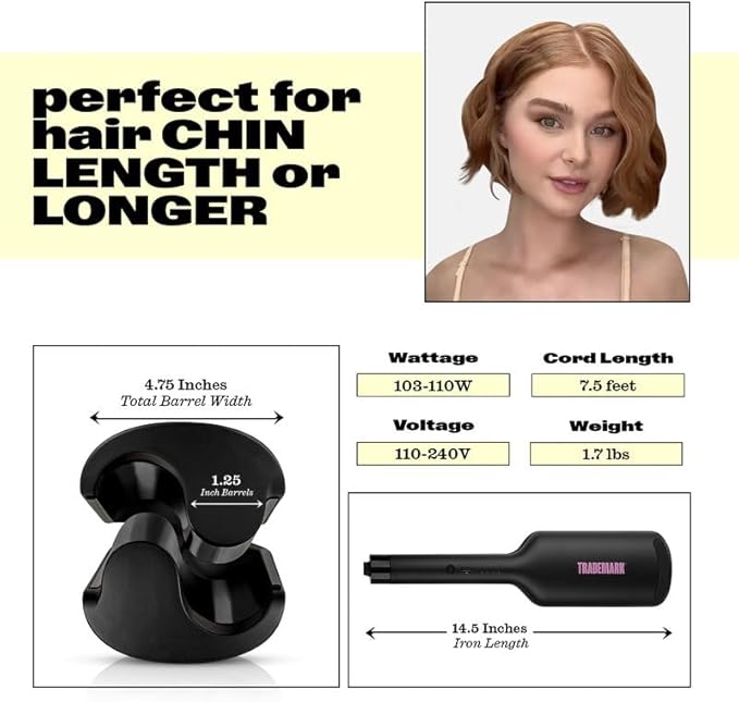 Trademark Beauty Hair Waver - Double Barrel Hair Crimper, Beach Waves Curling Iron, Babe Waves X, Adjustable Temperature Hair Curler, Hair Styling Tools, 1.25" - Black