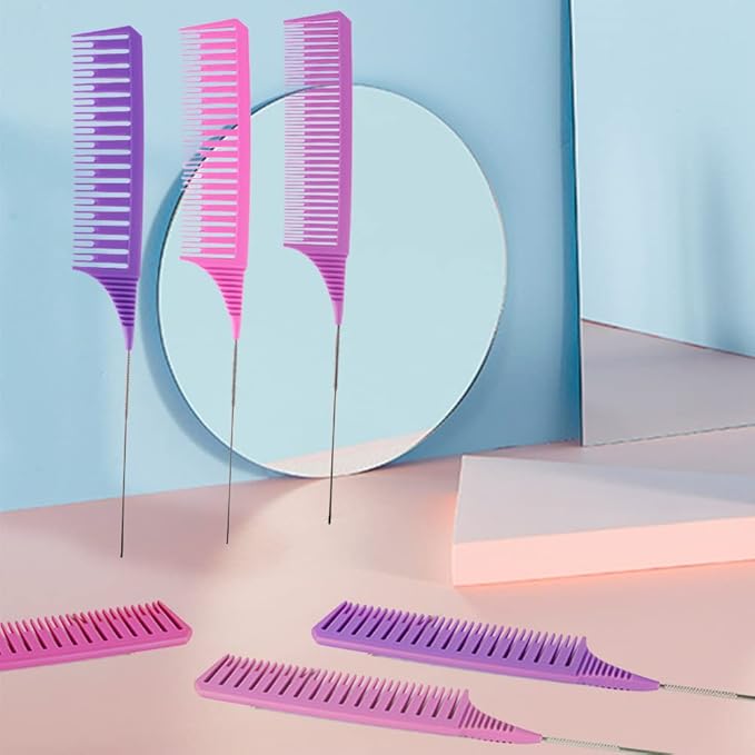SKYPIA 3 Piece Professional Dyeing Hair Comb Set, Highlight Combs for Hair Stylist Weaving Styling Brush Set with Long Stainless Steel Rat Tail Stylist Combs, Purple & Pink