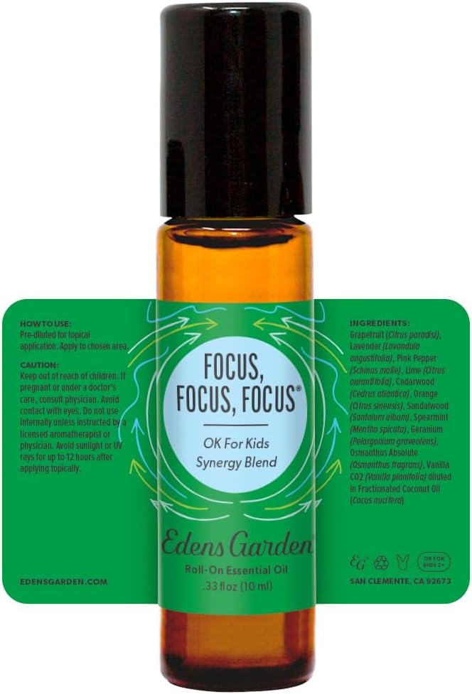 Edens Garden Focus, Focus, Focus Essential Oil Roll-On Blend- 100% Pure Premium Grade, Natural, Therapeutic, Aromatherapy, Kid & Skin Safe, The Best for Comfort, Tension Pre-Diluted 10 ml (.33 fl oz)