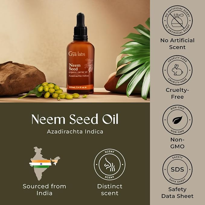 Gya Labs Neem Carrier Oil - 3.4 Fl Oz - for Hair, Skin, Face, Scalp & Body Massage