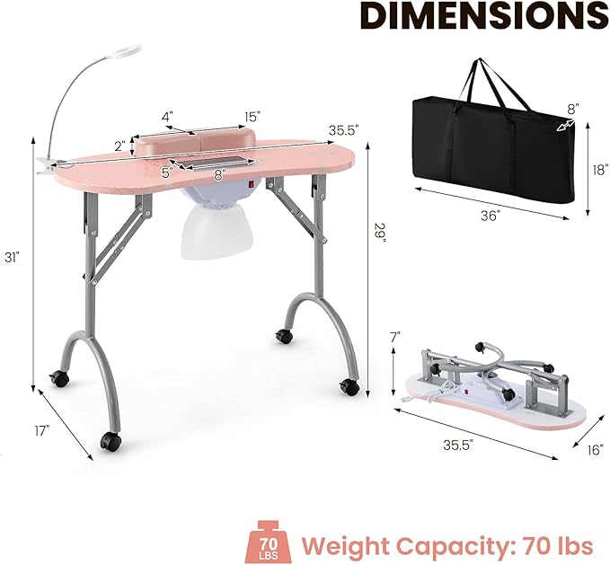 WELLHUT Nail Tech Table Vented Manicure Table w/LED Lamp, Dust Collector, Carry Bag & Soft Cushion, Portable Nail Tables w/Universal Mute Wheels for Nail Lovers Home Spa Beauty Salon