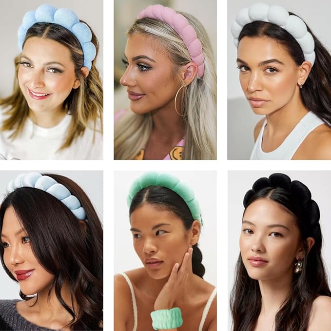 Spa Headbands for Washing Face Wristband Set Sponge Makeup Skincare Headband Wrist Towels Bubble Soft Terry Towel Cloth Hairband for Women Puffy Headwear Non Slip Thick Thin Hair Headwear (White)
