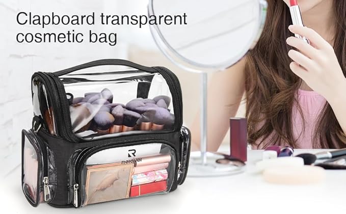 Makeup Brush Case, Large Makeup Brush Holder Professional Makeup Artist Travel Case Clear Waterproof Cosmetic Organizer Bag, Full Open Easy to Access, with Adjustable Strap and Dividers