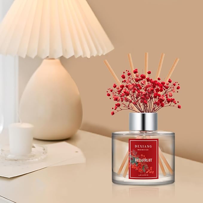 Reed Diffuser Set - 3.38 fl oz Red Fruit Premium Scented Oil with Preserved Baby's Breath & Cotton 6 Sticks | Long-Lasting Aromatherapy for Home, Bedroom, Bathroom, Office Home Decor