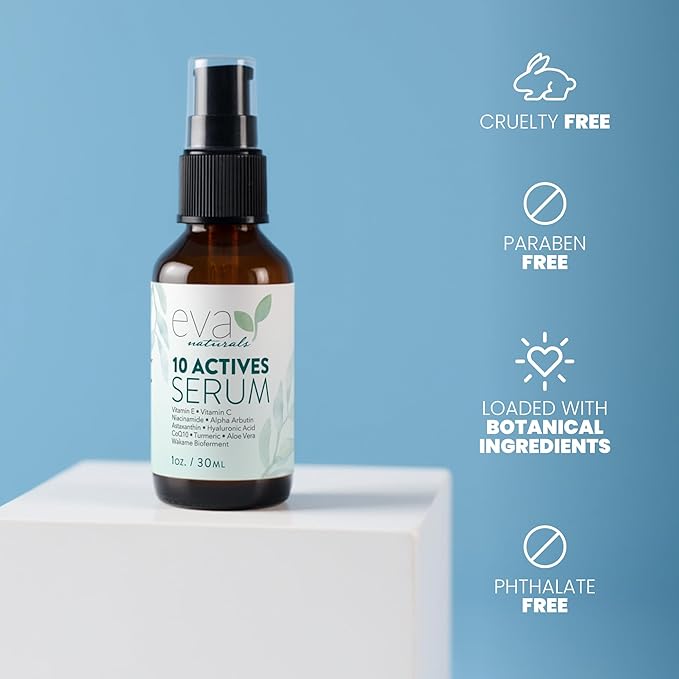 Eva Naturals 10 Actives Serum – Vitamin C, Niacinamide, Hyaluronic Acid, Turmeric, CoQ10 – Natural Anti Aging Face Serum for Dark Spots, Wrinkles, Acne, Skin Care & Facial Spot Remover