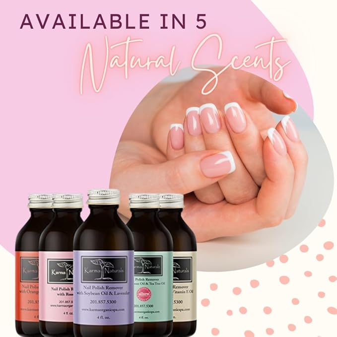 Karma Organic Nail Polish Remover with Rose Oil - Non Toxic, Vegan, Cruelty Free, Acetone free – Nails Strengthener for Fingernails – 4 fl. Oz