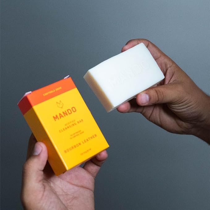 Mando Acidified Cleansing Bar - 24-Hour Odor Control - Removes Odor Better than Soap - Moisturizing Formula - SLS Free, Paraben Free - Safe For Sensitive Skin - Bourbon Leather