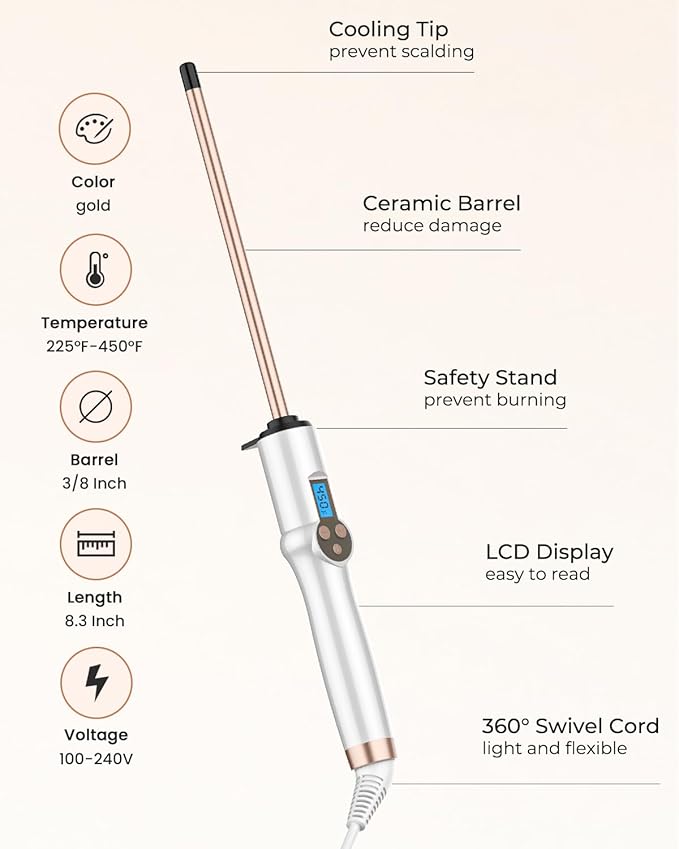 Small Curling Wand 3/8 Inch, Thin Curling Wand for Short Hair, 9mm Ceramic Long Barrel with Adjustable Temperature