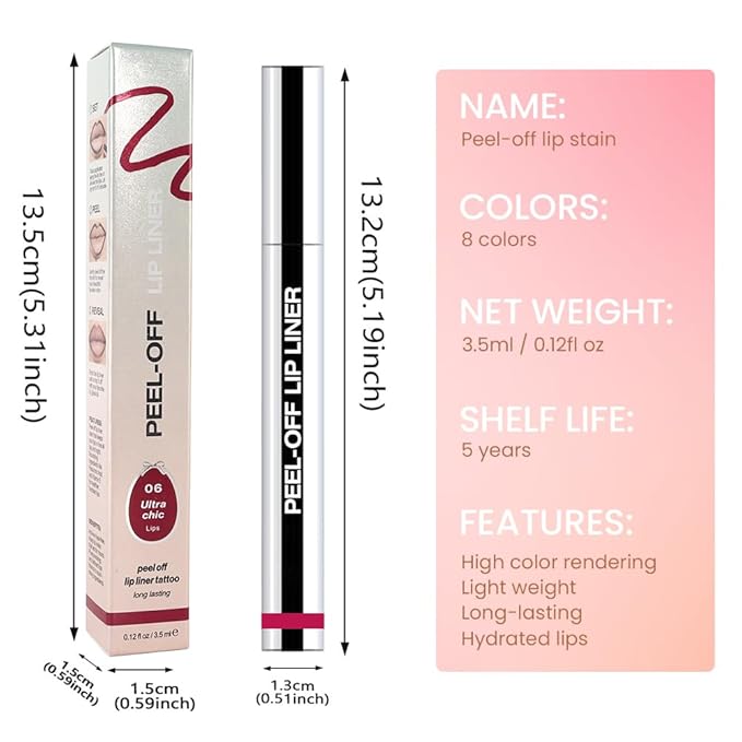 Matte Lip Stain Peel Off Lip liner with Tweezer, Pinkish Red Peel Off Lip Stain, Long Lasting Waterproof Lipstick Lip Gloss Tattoo, Transfer-proof for All Skin Types, 0.12 fl oz 06#