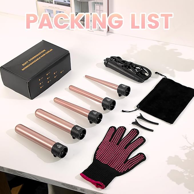 5 in 1 Curling Iron Wand Set, Hair Curling Iron Interchangeable Ceramic Barrels (0.35 to 1.25 Inch), Barrel Heat Protective Glove 2 Clips, Dual Voltage Hair Curler for Girls, Women Gift - Rose Gold