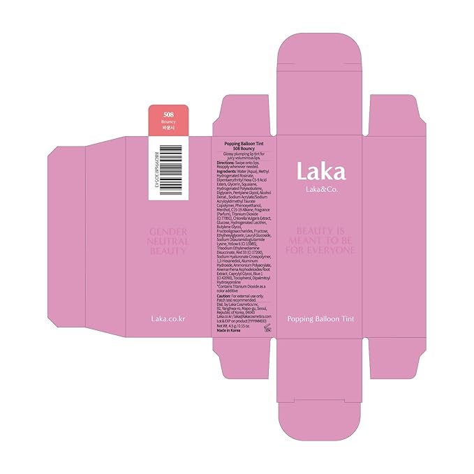 Laka Popping Balloon Lip Stain, 4.5g/0.15oz, Glossy Plumping Lip Tint, Moisturizing, Non-Sticky Texture for All-Day Hydration, Vegan, K-Beauty (#508 Bouncy)