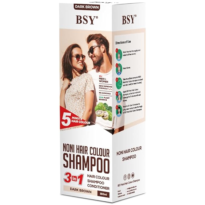BSY Noni Hair color shampoo - 6 fl oz - Pump Pack | No Ammonia | 3 in 1 - Hair Dye Shampoo, conditioner for women | Noni Fruit Hair Dye for Men | 5 Minutes Hair Color (Dark Brown)