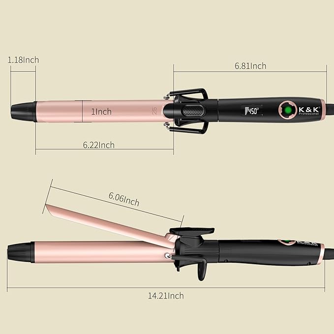 1 Inch Curling Iron with Clipped Tourmaline Ceramic Barrel Professional 1 Inch Hair Curler up to 450°F Dual Voltage for Traveling 60 Mins Auto Off Suit for Different (Rose Gold, 1 inch)