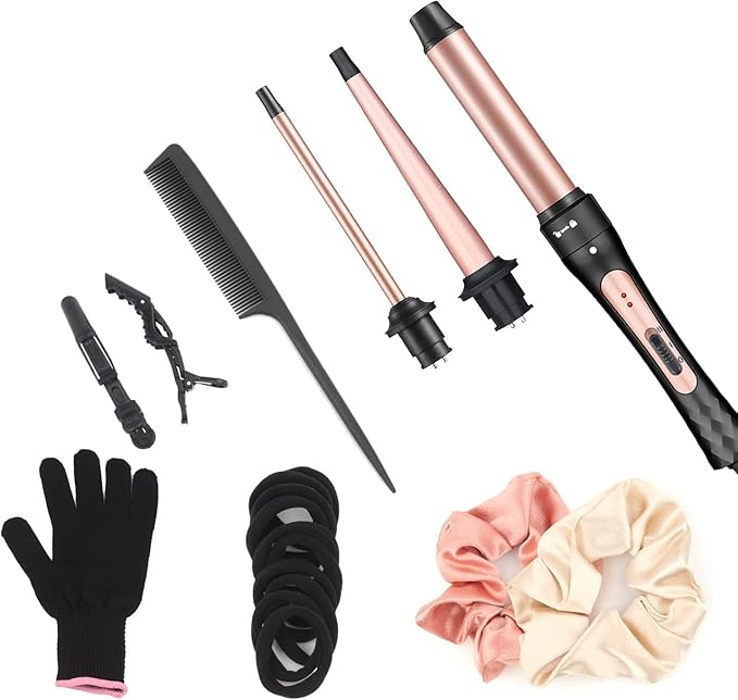 Curling Iron Wand Set, Curling Wand 3 in 1 Hair Curling Wands Interchangeable Ceramic 0.35-1.25inch Barrel Hair Curler, with Heat Resistant Glove