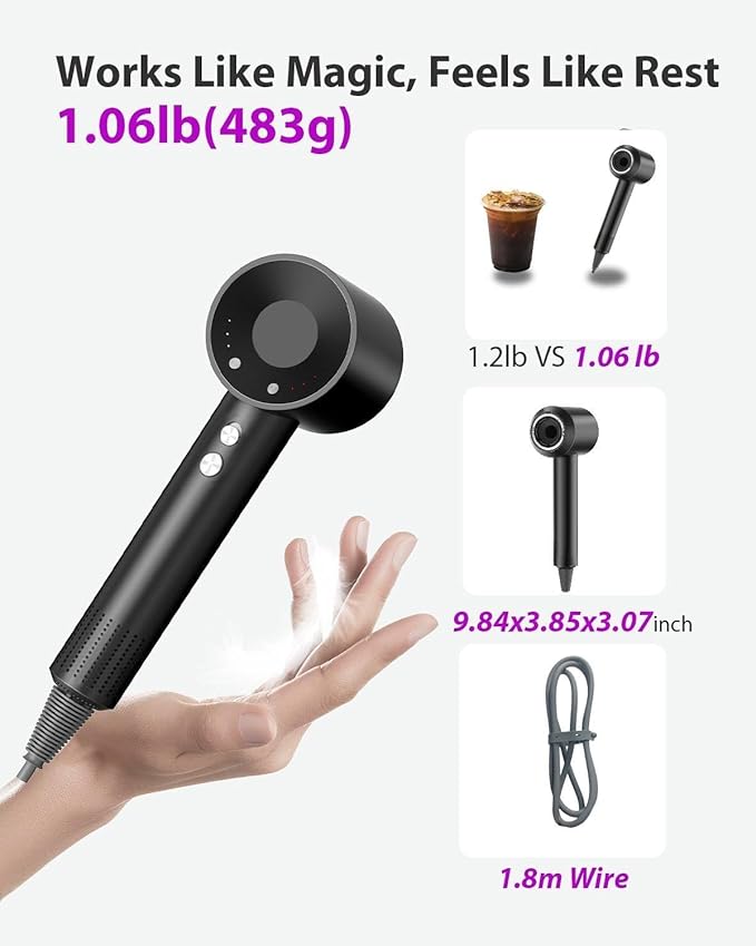 Hair Dryer with Carry Case, 160000 RPM Professional High-Speed Ionic Blow Dryer 200 Millions Negative Ionic&3 Speeds&3 Temps& Low Noise, Hairdryer with diffuser for Faster Drying, No Heat Damage,Black