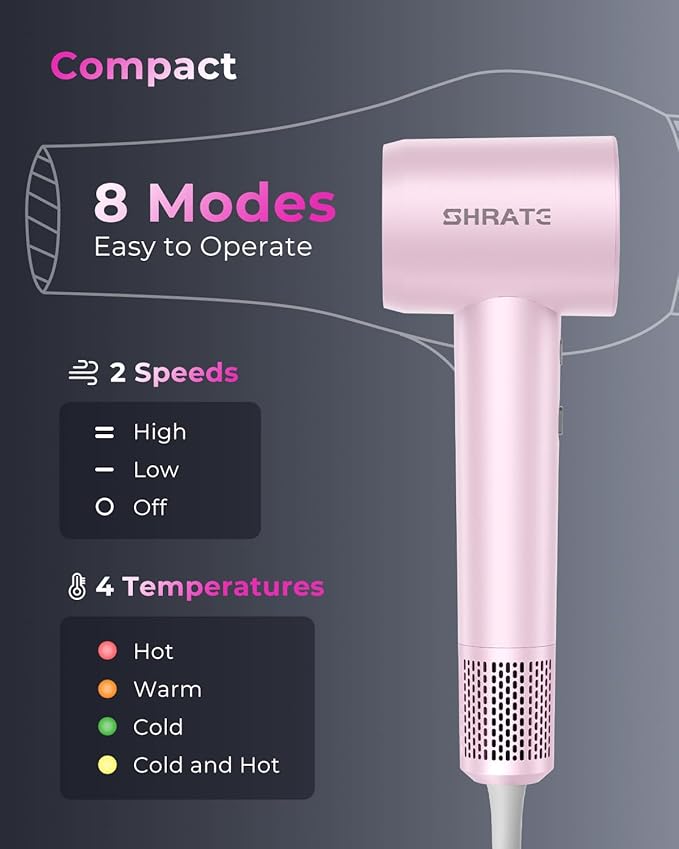 SHRATE Professional High Speed Ionic Hair Dryer | Ultra-Fast Drying | 500 Million Negative Ions | Low Noise | 160000 RPM | Compact Blow Dryer with Magnetic Diffuser for Faster Drying All Hair Types