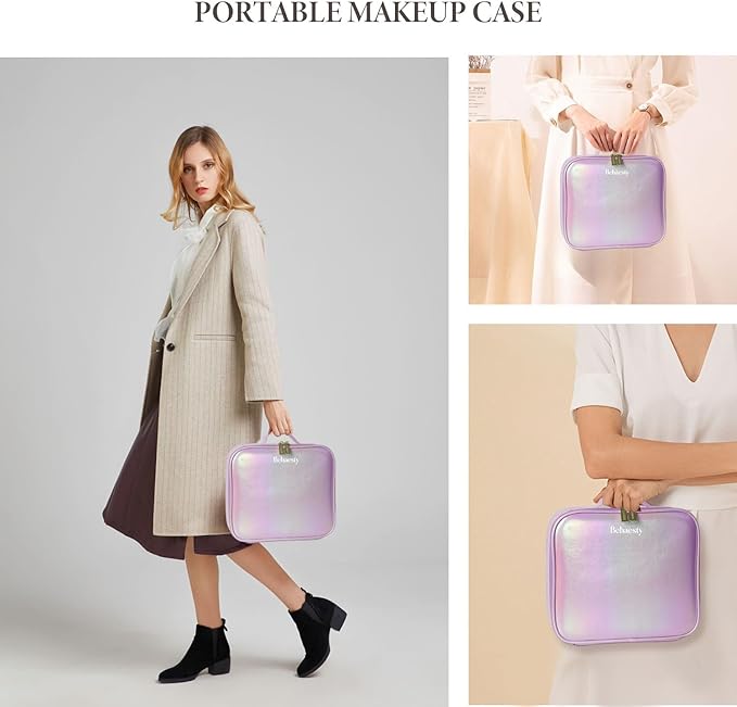 Travel Makeup Bag with LED Lighted Mirror, Cosmetic Makeup Organizer Bag with 3 Color Setting, Makeup Train Case with Adjustable Dividers for Women Makeup Brushes Jewelry Accessories