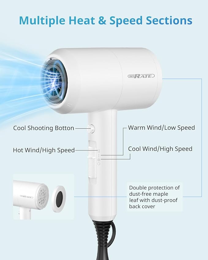 SHRATE Lightweight Ionic Hair Dryer with Diffuser - Powerful 1800W Blow Dryer for Fast Drying - Professional Low Noise Mini Hair Dryer for Travel, Gifts, Hair Styling