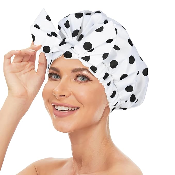 Shower Cap Luxury Shower Caps for Women Reusable Waterproof Large Hair Cap for Shower Non-slip with Adjustable Bowknot Quick-dry Hair Bath Cap for men