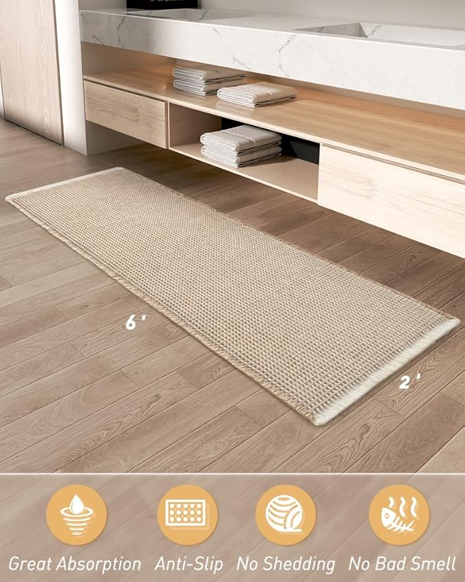 AMOAMI Upgraded Waffle Runner Rug Super Absorbent Non Slip Bath Mats for Bathroom Machine Washable Bathroom Runner Rug with Tassels, Ideal for Hallway Bedroom Laundry Room, 2' x 6', Brown & Cream