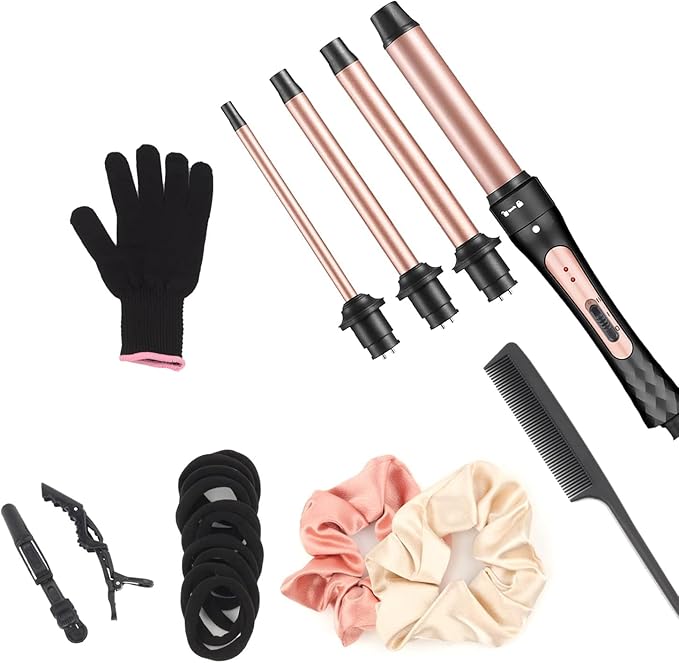 Curling Wand, 4 in 1 Hair Curling Iron Wand Set Include 4 Interchangeable Ceramic Barrels (0.35"-1.25") Hair Curling Wand Set for Quick Create Hairstyle in All Hair Type