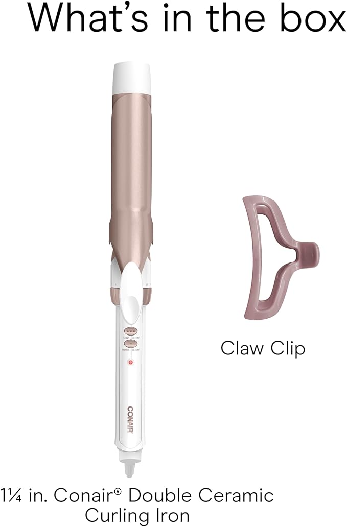 Conair Double Ceramic 1 ¼-Inch Curling Iron with Claw Clip, 1.25-Inch Barrel Creates Loose Curls, Hair Curler for Use on Medium and Long Hair, White