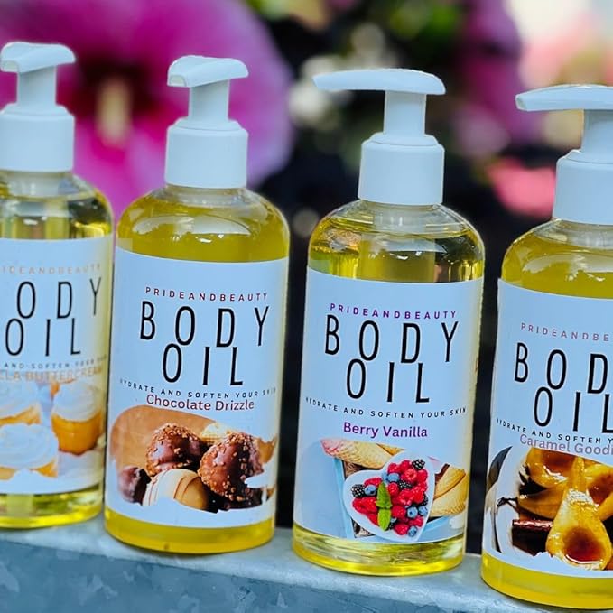 PrideandBeauty After Shower Oil. Skin Hydrating Oil. Body Oil Scented. Body Oils For Women Dry Skin. (Vanilla Buttercream) (8 OUNCES, Amber Vanilla Blossom)