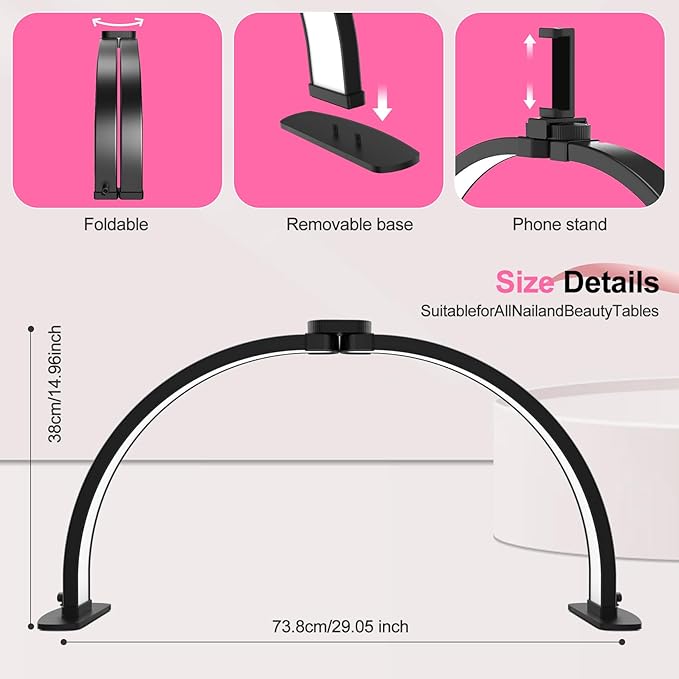 Nail Half Moon Light: Big LED Arch Nail Tech Table Lamp with Phone Holder - Salon Professional Desk Light 3 Mode Lighting Manicure Technician Use