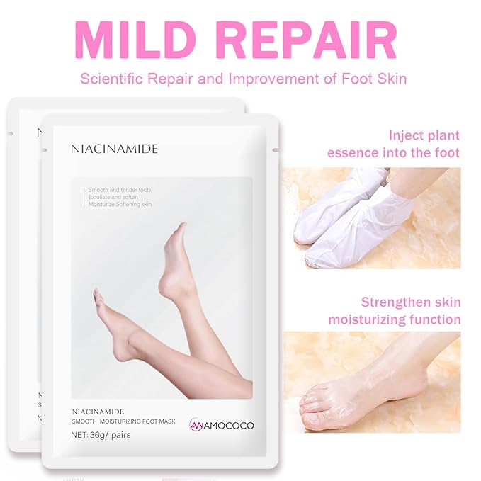 5Packs Foot Mask with Niacinamide, Deep Hydration Foot for Dry Cracked Skin, Nourishing Care with Shea Butter & Vitamin E, SPA at Home, 6.3oz