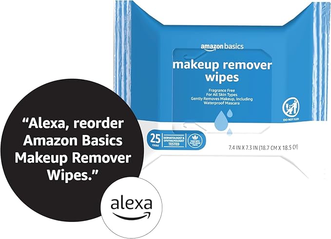 Amazon Basics Makeup Remover Wipes, Gentle Cleansing, Dermatologist Tested, Fragrance-Free, Plant Based, Alcohol-Free, Removes Waterproof Mascara, 25 Count Per Pack, Pack of 1