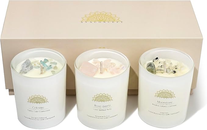 Soy Candles - Crystal Candles with Rose Quartz Moonstone Celestite - Scented Wax Gift Set - Black Currant & Rose, Amber Noir, Sea Salt & Drift Wood - 3 Pack 3.5oz