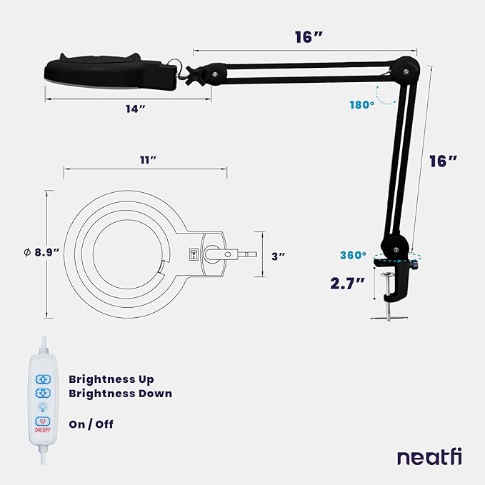 Neatfi (New Model) LED Magnifying Lamp with Clamp, 12W, 60 SMD LEDs, Adjustable Step Dimming Brightness, Desk Lamp Magnifier Light for Crafts, Painting, and Hobbies (Black, 5-Diopter)