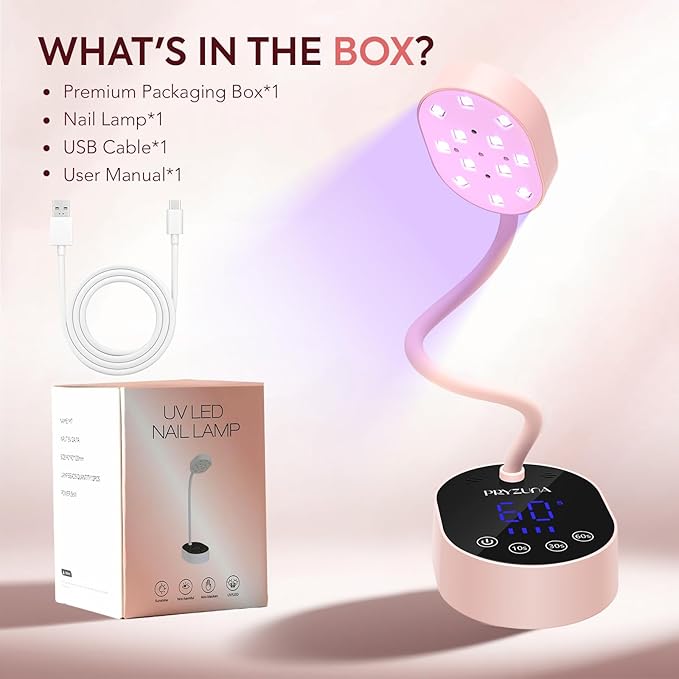 UV LED Nail Lamp, Gooseneck Gel X Mini Flash Cure Lamp, 36W Cordless Portable USB Rechargeable Nail Dryer with Auto Sensor, 4 Timers & LCD Display for DIY Home Manicure (Pink)