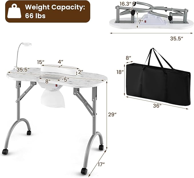 WELLHUT Nail Table All-in-One Manicure Desk w/Electric Dust Collector, LED Nail Lamp, Carry Bag & Wrist Cushion, Mobile Nail Desks w/Universal Mute Wheels for Manicurists Home Spa Beauty Salon