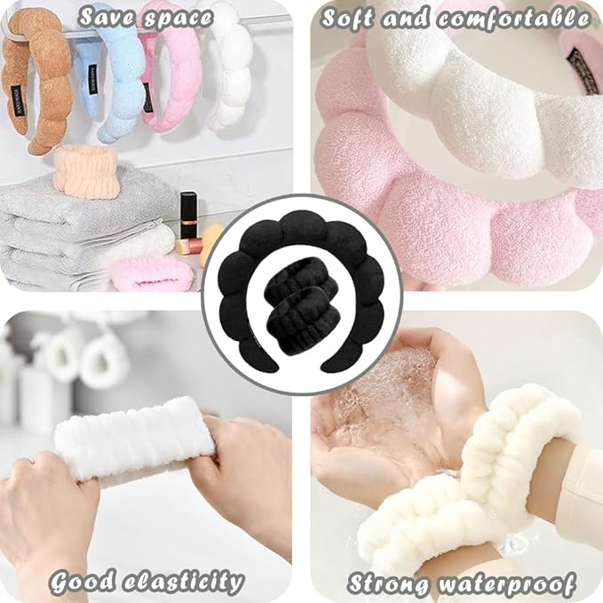 Spa Headbands for Washing Face Wristband Set Sponge Makeup Skincare Headband Wrist Towels Bubble Soft Terry Towel Cloth Hairband for Women Puffy Headwear Non Slip Thick Thin Hair Headwear (Black)
