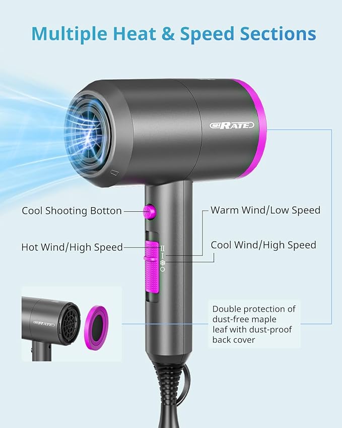 SHRATE Lightweight Ionic Hair Dryer with Diffuser - Powerful 1800W Blow Dryer for Fast Drying - Professional Low Noise Mini Hair Dryer for Travel, Gifts, Hair Styling