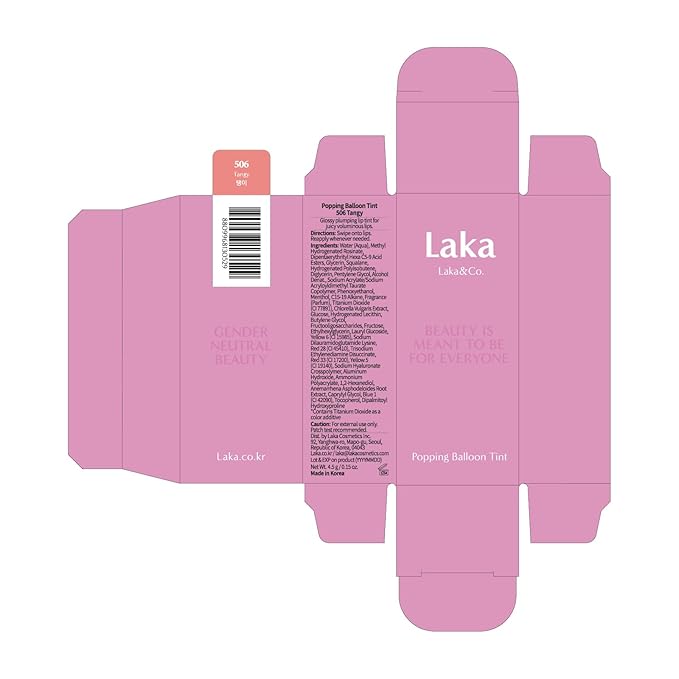 Laka Popping Balloon Lip Stain, 4.5g/0.15oz, Glossy Plumping Lip Tint, Moisturizing, Non-Sticky Texture for All-Day Hydration, Vegan, K-Beauty (#506 Tangy)