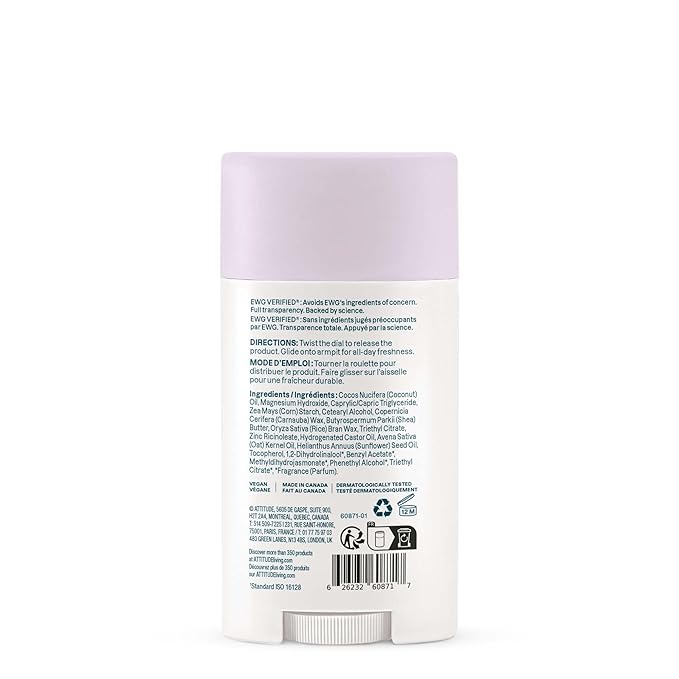 ATTITUDE Deodorant for Sensitive Skin, Aluminum Free & Baking Soda Free, Gentle & Vegan, Long-Lasting Odor Protection, Sweet Jasmine Scent, 2.64 Oz