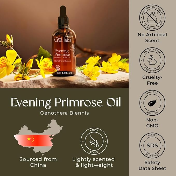 Gya Labs Evening Primrose Carrier Oil - 3.4 Fl Oz - for Hair, Skin, Face, Scalp & Body Massage
