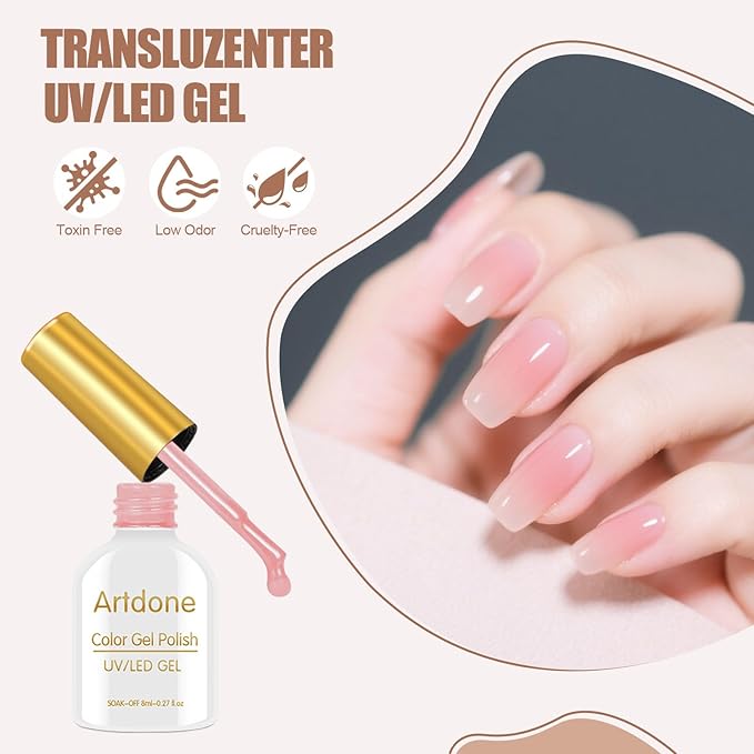 Artdone Sheer Gel Nail Polish Set Jelly UV Gel 6 Colors Translucent Nude Pink Orange Brown Colors Nail Polish For All Seasons Neutral Soak off LED Lamp Gel Manicure Kit For Nail Art