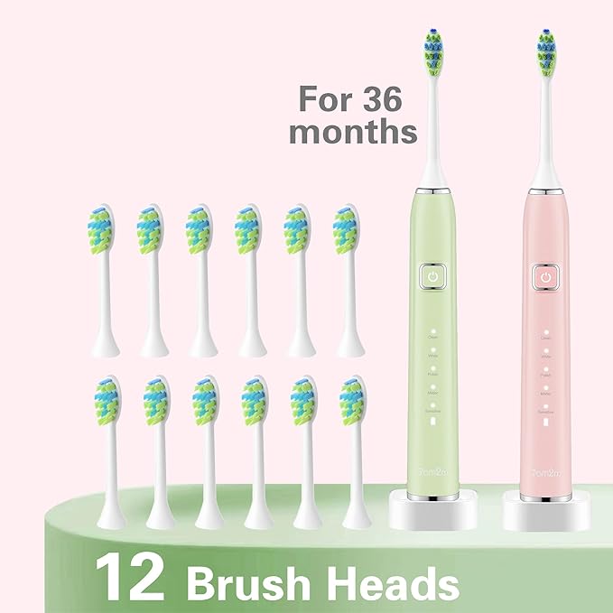 7AM2M Electric Toothbrush 2 Pack Set for Kids and Adults, 12 Brush Heads,5 Adjustable Modes, Built-in 2-Minute Smart Timer, Wireless Fast Charge for 60 Days,IPX7Waterproof SonicToothbrush(Green+Pink)