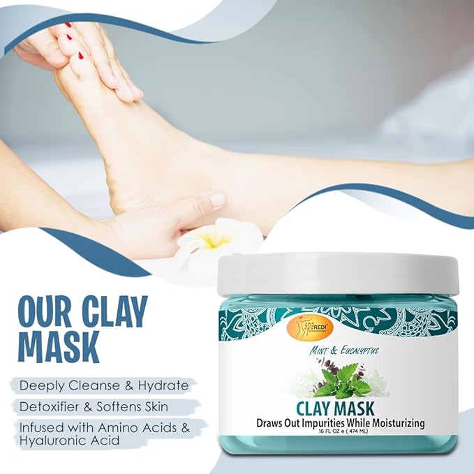 SPA REDI - Clay Mask, Mint and Eucalyptus, 16 Oz - Pedicure and Body Deep Cleansing, Skin Pore Purifying, Detoxifying and Hydrating