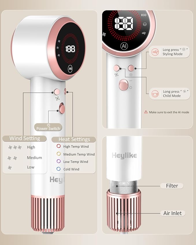 AI Hair Dryer,160000RPM High-Speed Brushless Motor Plasma Ion AI Blow Dryer Without Diffuser for Fast Drying, Professonal 4Temps/3Speeds Thermo-Control Lightweight Hairdryer for Women Men Travel Salon