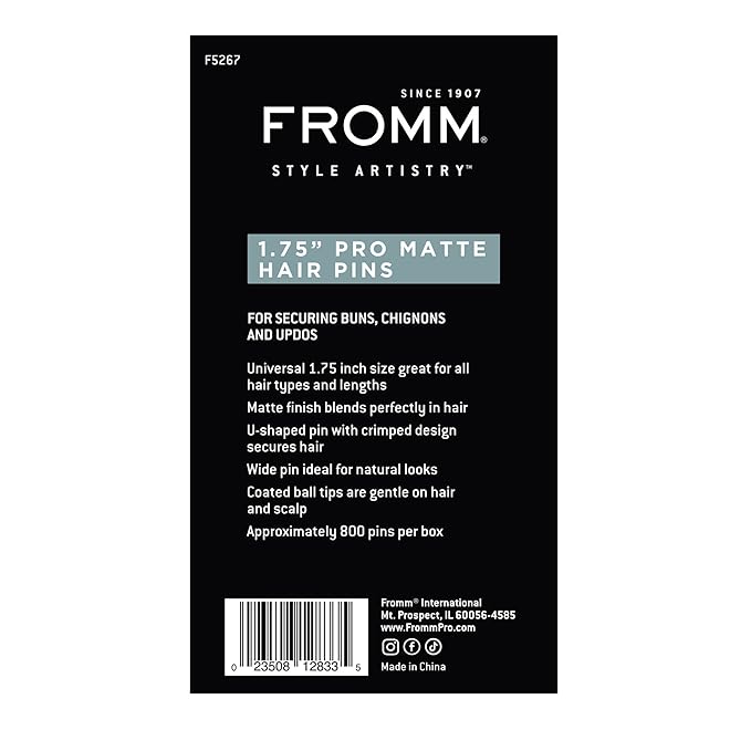 Fromm Style Artistry 1.75" U-shaped Crimped Hair Pins, Matte Black, 800 Hair Pins, Secure Hold, Suitable for All Hair Types and Lengths, Hair Accessories for Women