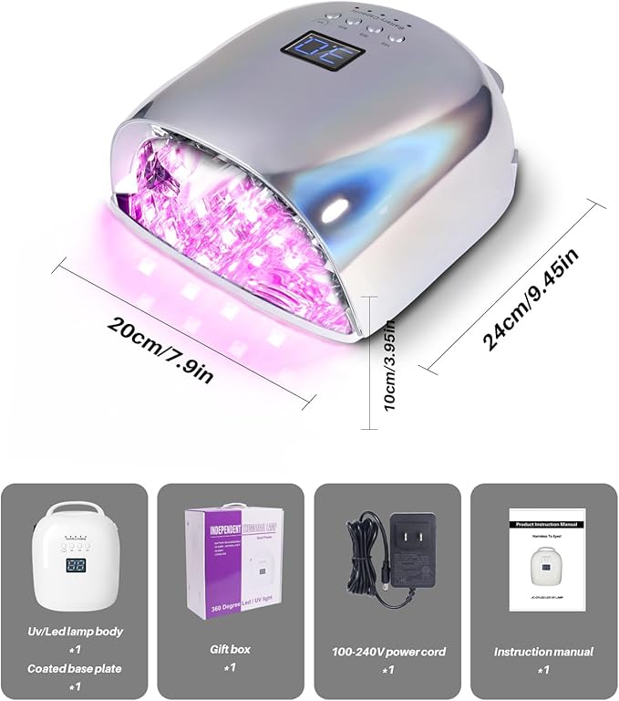 52 Beads Professional Nail Lamp,Cordless LED UV Light for Gel Nails,Electroplated Mirror-Finish Inner Wall and Base Plate,Rechargeable 18000 mAh Battery,84W High Power (Holographic Silver)