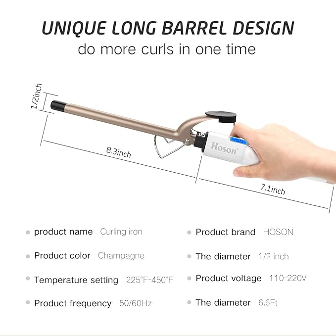 Hoson 1/2 Inch Curling Iron Professional, Ceramic Tourmaline Curl Wand Barrel, Hair Curler Iron for Long & Short Hair,Glove Include, Gold
